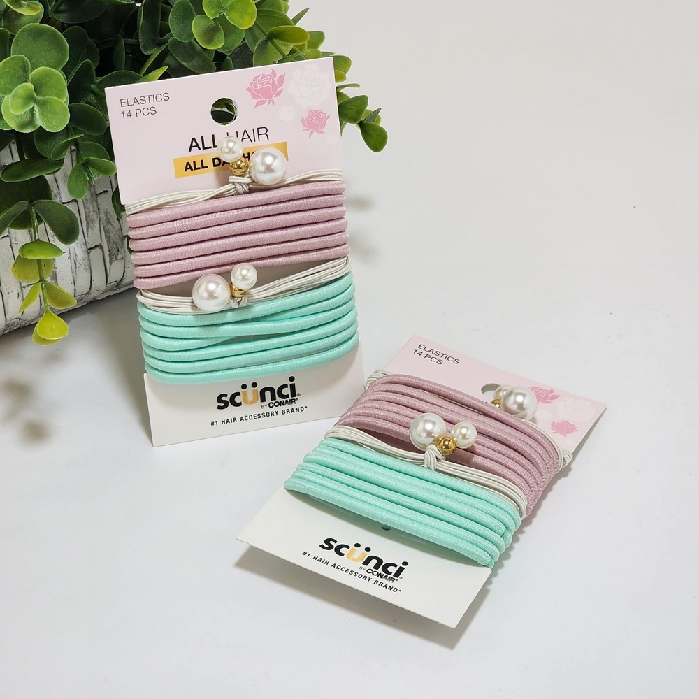 Scunci Hair Elastics Ties Faux Pearl Gold Beads Pink Green Conair 14 pc ~ 2-pack
